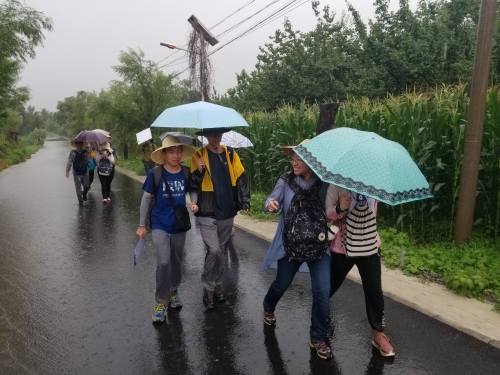 老师和同学们冒雨前行